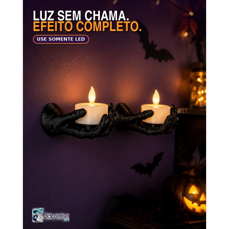 Kit 4 Mãos de Esqueleto de Parede | Suporte para Vela LED Halloween