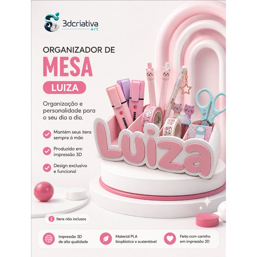 Organizador de Mesa Personalizado com Nome em Impressão 3D | Porta Canetas e Acessórios