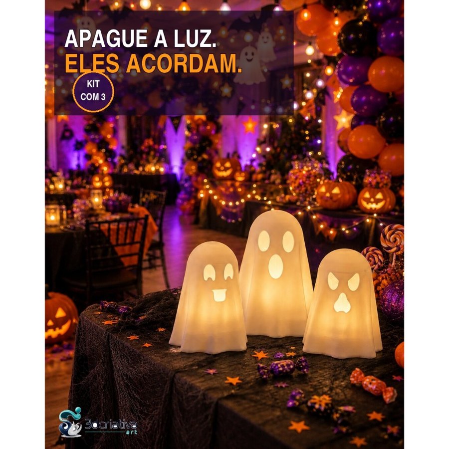 Kit 3 Fantasminhas Halloween 10 cm para Vela LED | Decoração