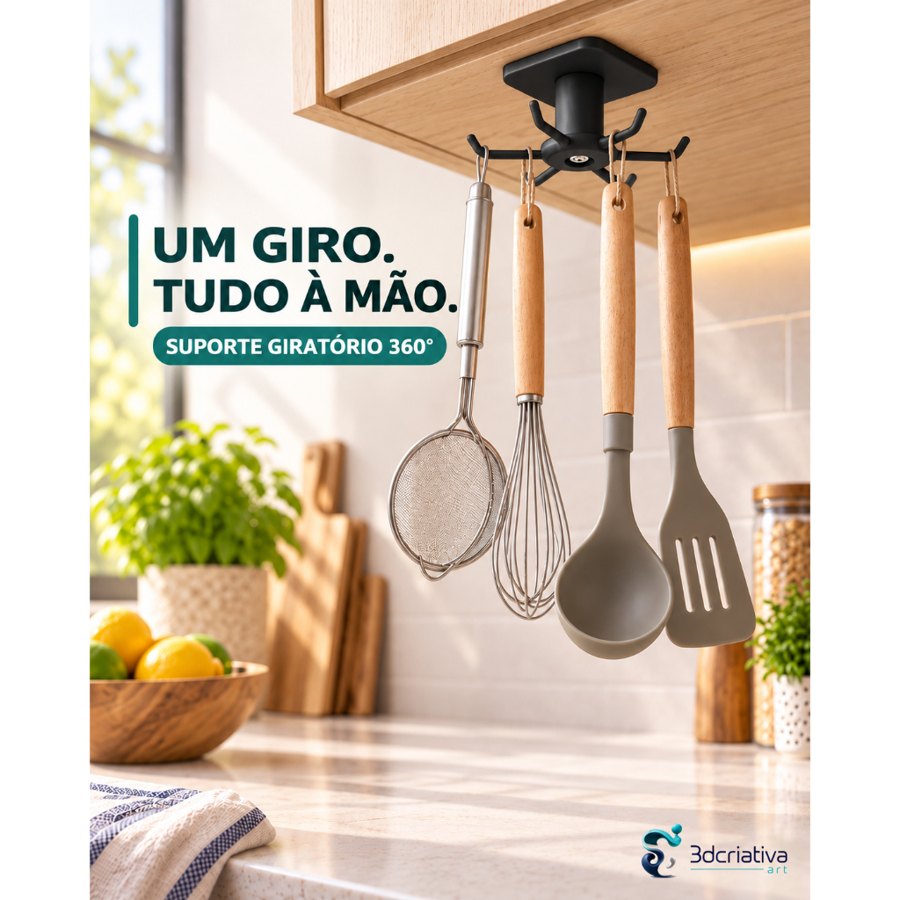 Suporte Giratório 360° para Utensílios de Cozinha – Kit com 2 suportes de 6 Ganchos