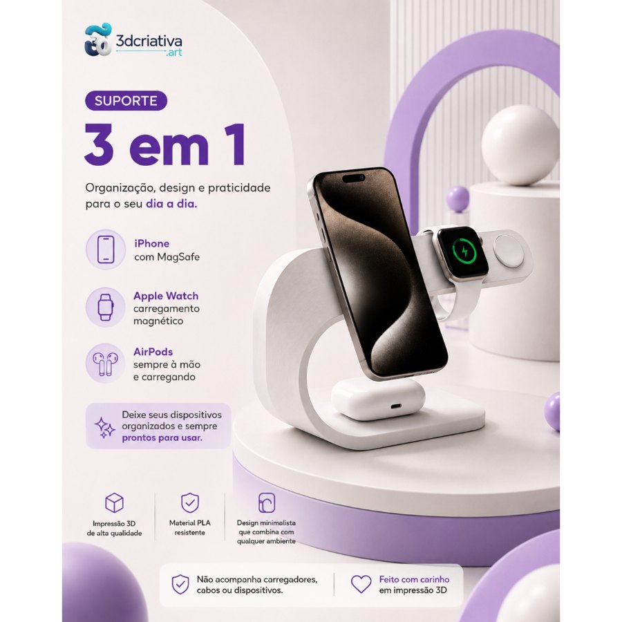 Suporte 3 em 1 para iPhone, Apple Watch e AirPods em Impressão 3D