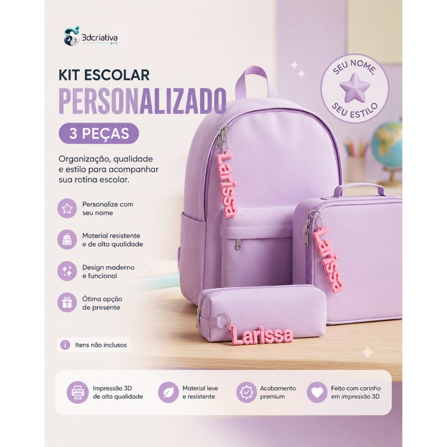Kit Chaveiro NOME  Personalizado | Mochila, Lancheira e Estojo