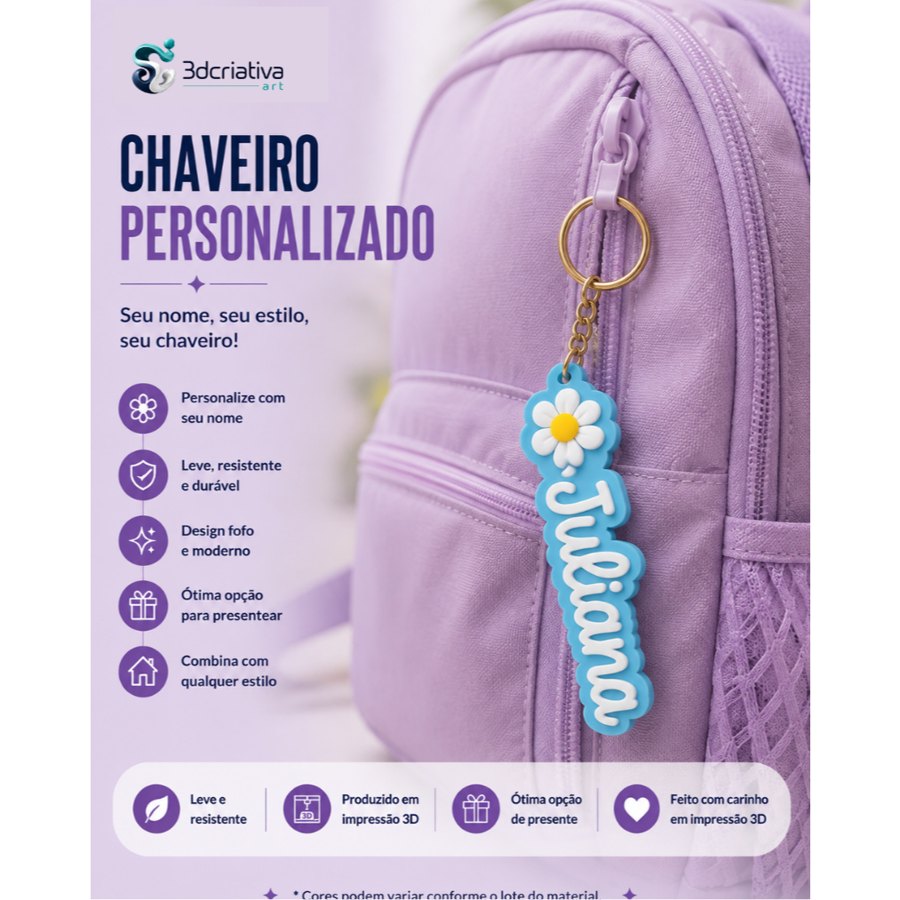Chaveiro Personalizado com Nome e Flor – Identificador para Mochila, Estojo, Bolsa e Chaves
