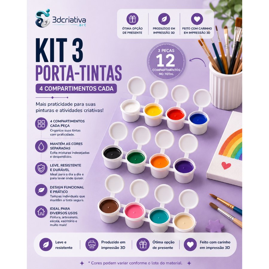 KIT 3 PORTA-TINTAS COM TAMPA – 4 COMPARTIMENTOS CADA