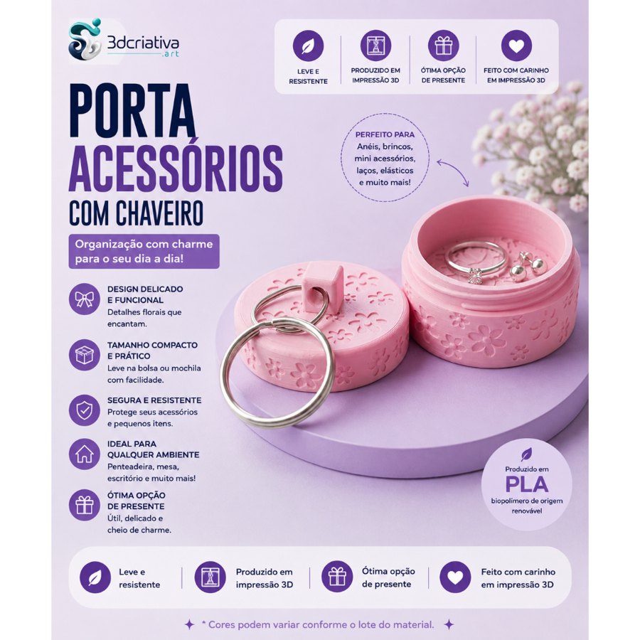 Porta Acessõrios, Comprimidos Chaveiro Floral – Compacto em Impressão 3D