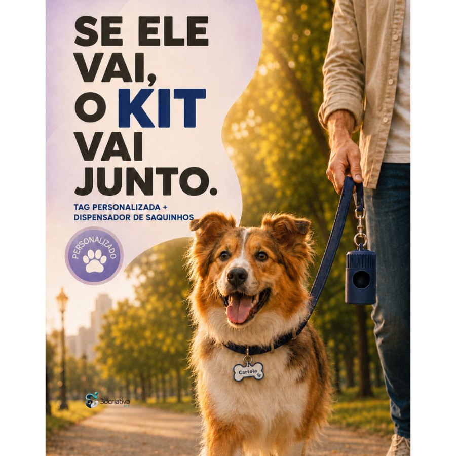Kit Passeio Pet Personalizado – Tag com Nome e Telefone + Dispensador de Saquinhos